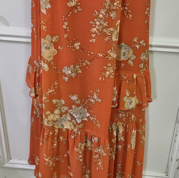 Urban Outfitters Orange/Yellow MultiColor Floral Strappy Ruffle Maxi Dress,Large - Picture 9 of 16
